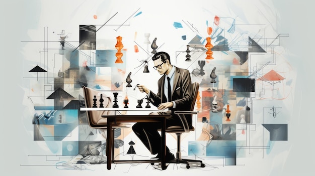 Strategic Mind reveló un vibrante collage que representa a un serio empresario CEO involucrado en el ajedrez y