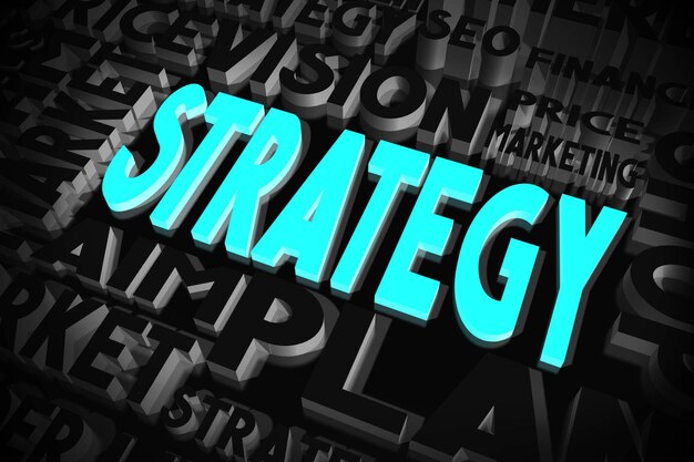 Strategie blaue und schwarze Wörter typografisches Konzept 3D-Darstellung