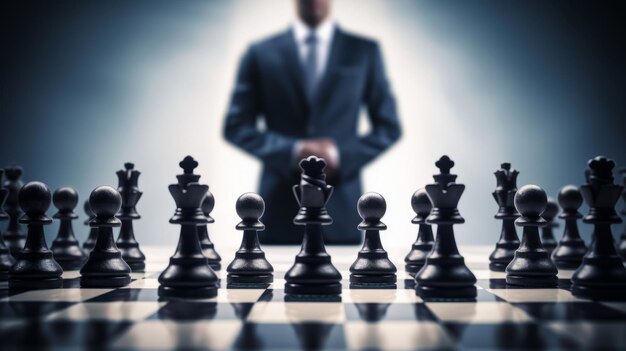 Strategische Bewegungen in Nahaufnahme. Die Hand führt Schachmatt aus und symbolisiert damit einen Triumph im Geschäftsspiel