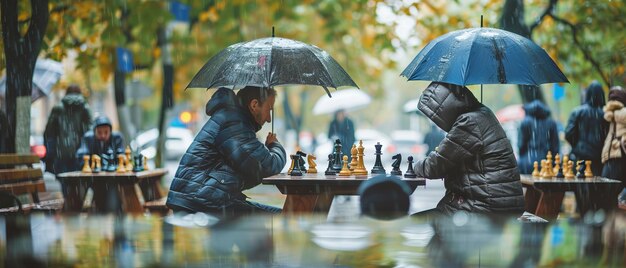 Strategische Regenschirme kämpfen gegen die Elemente in einem intellektuellen Schachturnier