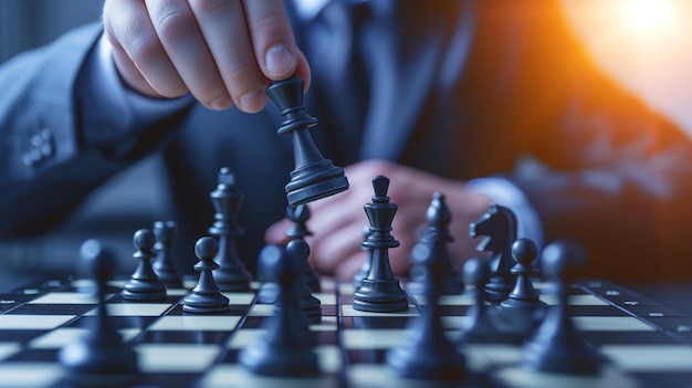 Strategischer Geschäftsmann in Anzug bewegt eine Schachfigur auf dem Schachbrett