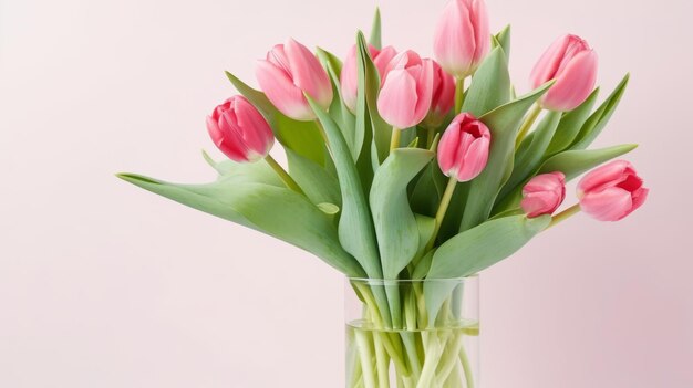 Strauß bunter Tulpen, festliche Blumen auf rosafarbenem Hintergrund, Ostern, Muttertag, Frauentag