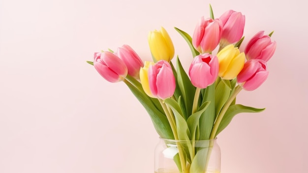 Strauß bunter Tulpen, festliche Blumen auf rosafarbenem Hintergrund, Ostern, Muttertag, Frauentag