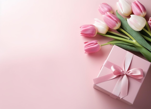 Strauß bunter Tulpen und Geschenkbox auf rosa Hintergrund