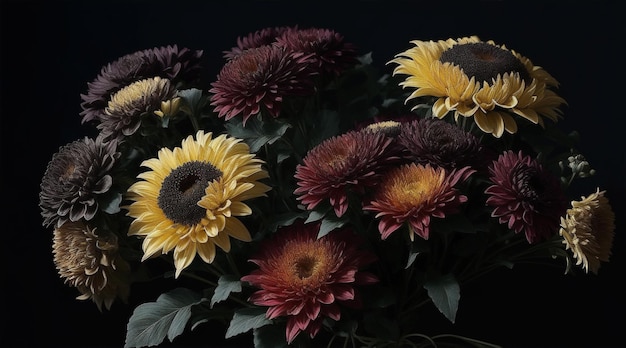 Strauß Chrysanthemen und Dahlien in dunkler Silhouette von generative ai
