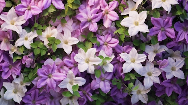 Strauß frischer Blumen Nahaufnahme lila Clematis Blumenszene Tageslicht Originalfoto Generative KI