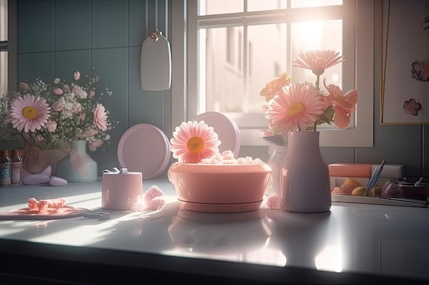 Strauß Frühlingsblumen in einer Vase auf dem Tisch. Sonnenlicht im Innenraum. Hintergrund zum Muttertag. 8. März, Internationaler Frauentag. Ai generativ