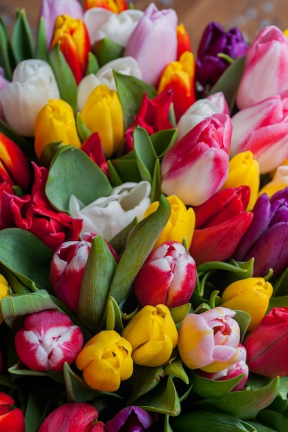 Strauß Frühlingstulpen mit Draufsicht der bunten Blumen