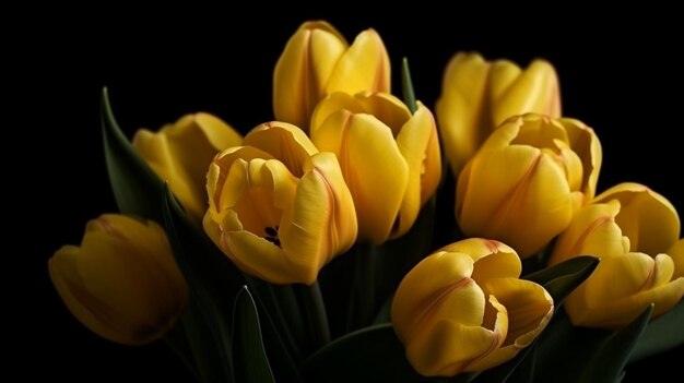 Foto strauß gelber tulpen auf schwarzem hintergrund. generative ki