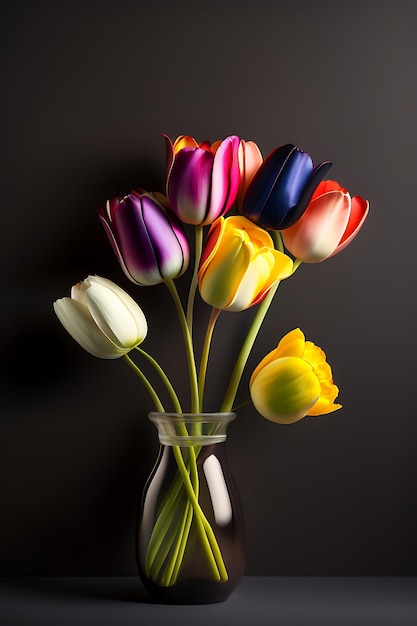 Foto strauß leuchtend bunter tulpen auf dunklem hintergrund mit kopierraum schöne frühlingsblumen