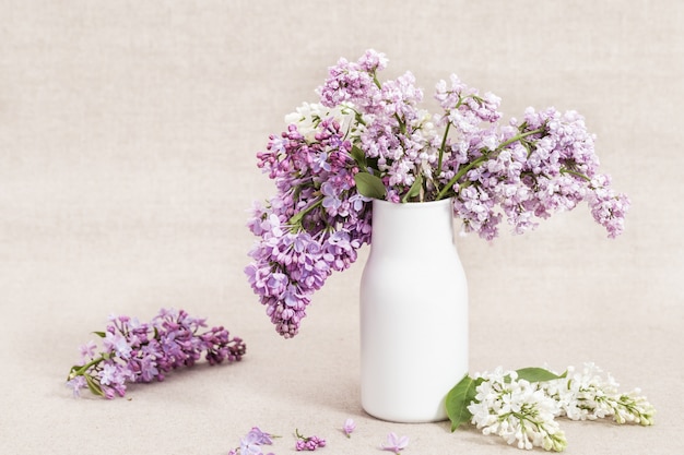 Foto strauß lila blumen weiß und violett in keramikvase gefärbt