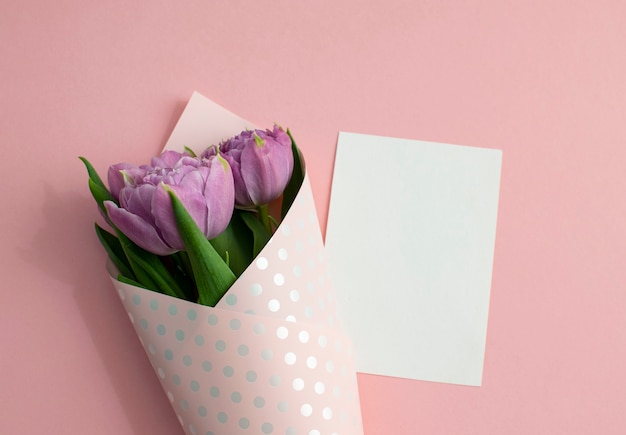 Strauß lila Tulpen in Geschenkpapier eingewickelt