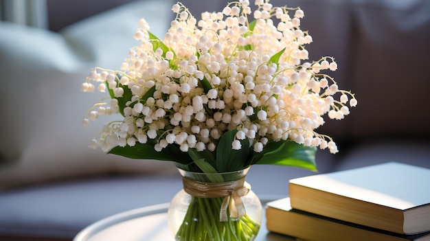 Strauß Maiglöckchen in einer Vase auf dem Tisch neben dem Sofa und Details der Inneneinrichtung mit natürlichem Licht