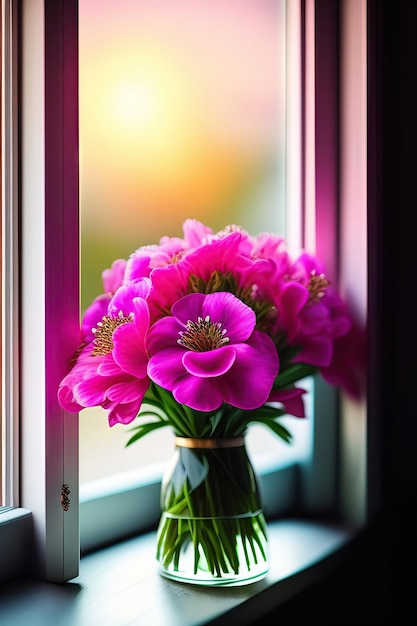 Strauß rosa Alstroemeria in Nahaufnahme am Fenster