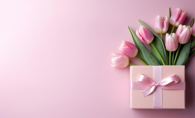 Strauß rosa Tulpen und Geschenkbox auf rosa Hintergrund