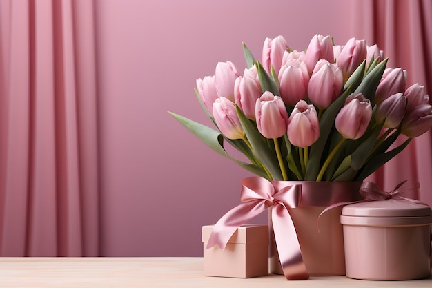 Strauß rosa Tulpen und Geschenkbox auf rosa Hintergrund