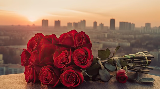 Strauß roter Rosen auf einem Tisch vor einer Stadtansicht Generative KI