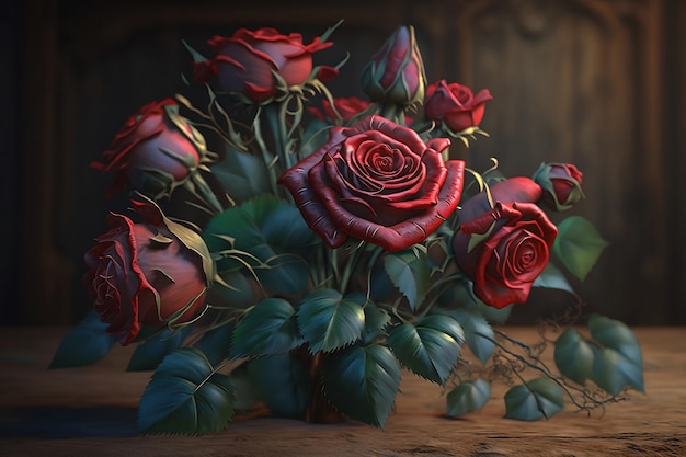 Strauß roter Rosen in Vase auf Holzhintergrund