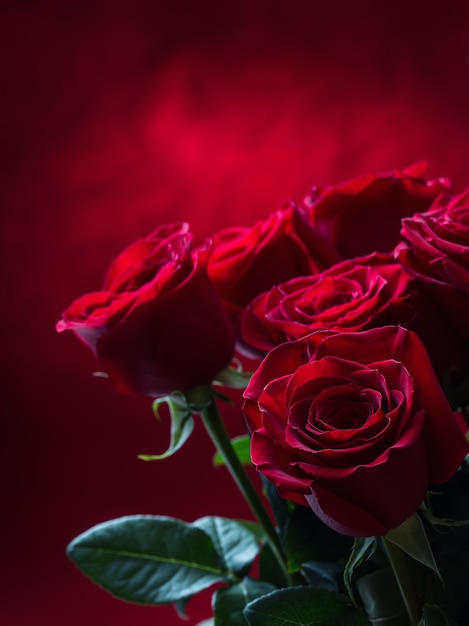 Strauß roter Rosen vor rotem Valentinstag Hintergrund.