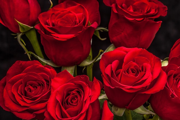 Strauß schöner roter Rosen auf schwarzem Hintergrund
