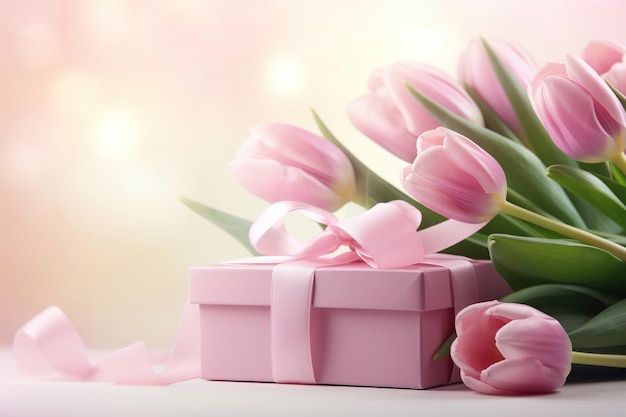 Strauß Tulpen und Geschenkbox auf rosa Hintergrund