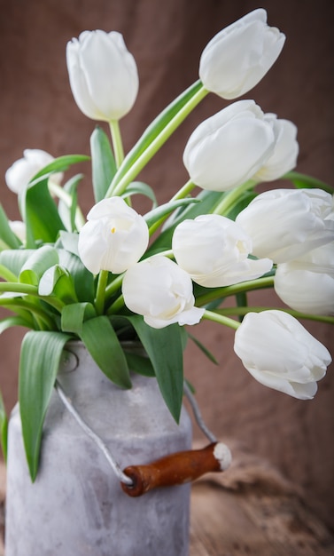 Strauß weißer Tulpen in den alten Dosen