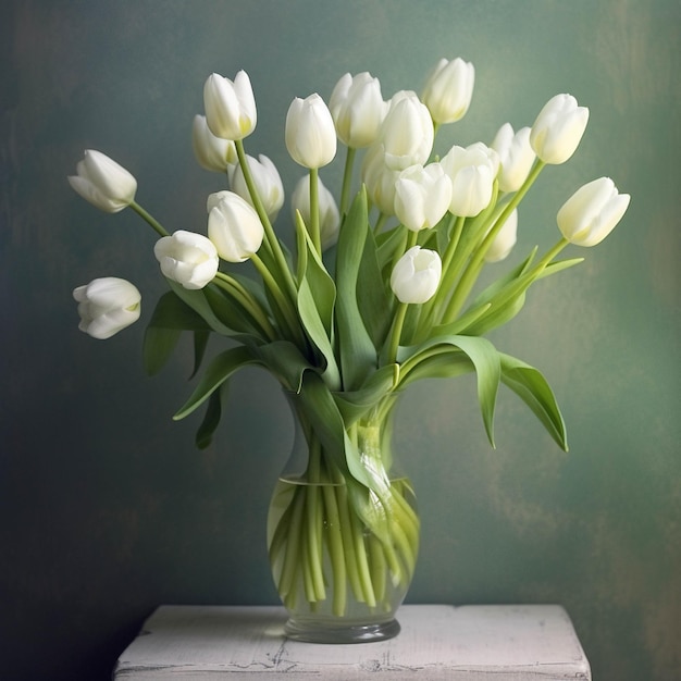 Strauß weißer Tulpen in einer Vase auf grünem Hintergrund