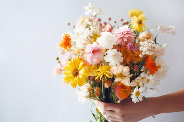 Strauß wilder Blumen in weiblichen Händen, Nahaufnahme Generative KI-Illustration