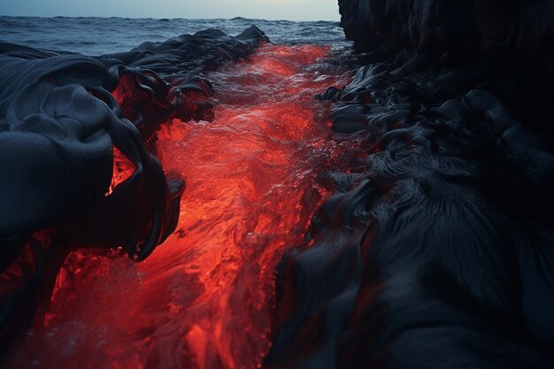 Foto streamen: rote lava fließt in einen dunklen ozean