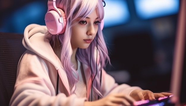 Streamer femenina vestida como una adolescente japonesa animehappy gamer y auriculares juegos en línea o