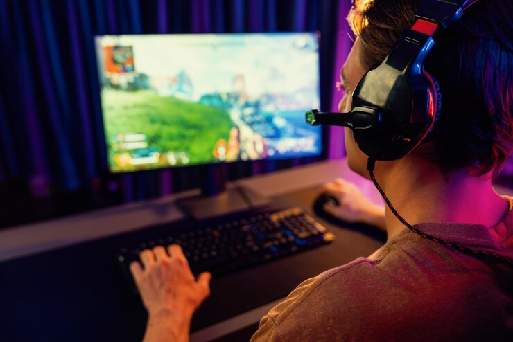 Foto streamer de juegos inteligentes jugando a la batalla en equipo disparando pistolas pecuniary