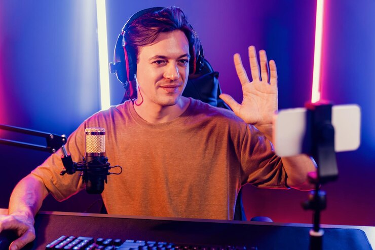 Foto streamer live steaming auf sozialen medien online per smartphone geld