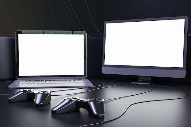 Streaming-Live- und Gaming-Konzept mit Vorderansicht auf leeren Computer- und Laptop-Monitoren mit Platz für Ihr Logo oder Text und schwarzen Joysticks auf der Oberfläche auf dunklem Wandhintergrund 3D-Rendering-Mockup