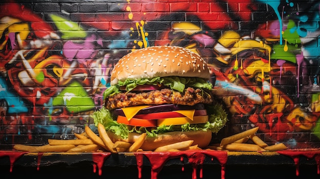 Street Appetite Vibrant GraffitiStyle Mural de hamburguesas y papas fritas