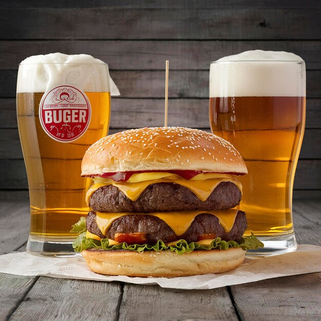 Street Food Ein großer Burger mit Gläsern leichtes Bier auf einem hölzernen Hintergrund