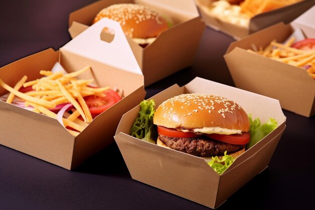 Foto street food fleisch-kotelet-burger sind in papierkisten lebensmittellieferung generative ai
