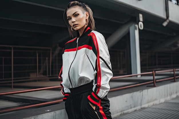 Streetwear-Model in auffälligem Schwarz-Weiß-Outfit mit roten Akzenten, erstellt mit generativer KI