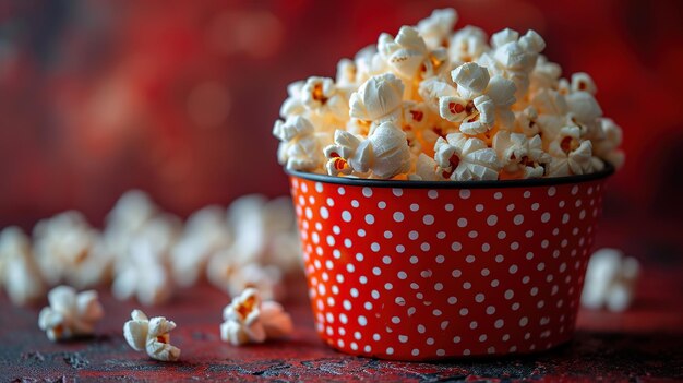 Foto streifende schachtel mit popcorn auf rotem hintergrund mit kopierraum