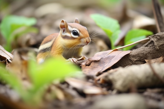 Streifenhörnchen ordnet Blätter im Bau als Einstreu an