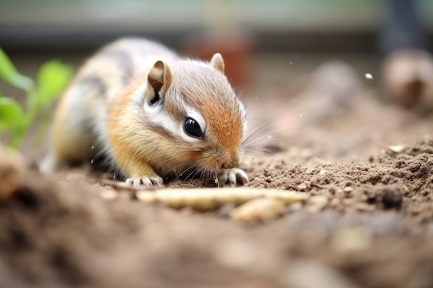 Streifenhörnchen schiebt Samen mit Pfoten in den Bau