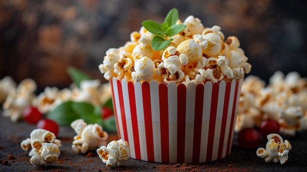 Foto streifige schüssel mit popcorn auf einem alten holzgrund eine schachtel mit salzigem oder süßem popcorn