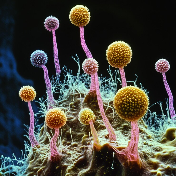 Foto streptomyces organismos microscópicos que transmitem esporos em condições de solo