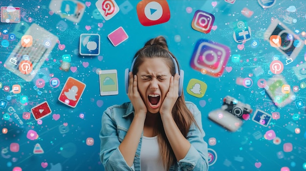 Stressige schreiende Frau mit übermäßigem Gebrauch von sozialen Medien Internet Sucht Konzept