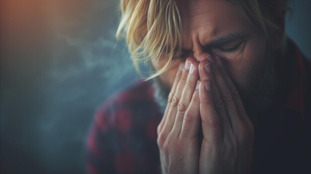 Foto stressiger mann mit händen auf dem gesicht, der verzweiflung und erschöpfung zeigt