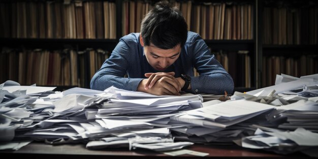 Stresster und erschöpfter Büroangestellter mit einem Haufen Dokumente auf dem Schreibtisch ohne Anmut