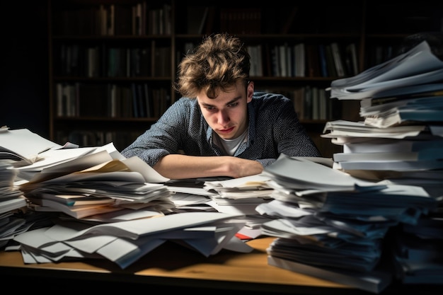 Stresster und erschöpfter Büroangestellter mit einem Haufen Dokumente auf dem Schreibtisch ohne Anmut