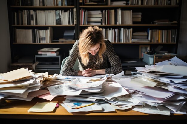 Stresster und erschöpfter Büroangestellter mit einem Haufen Dokumente ohne Schönheit