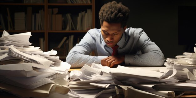 Stresster und erschöpfter Büroangestellter mit einem Haufen Dokumente ohne Schönheit
