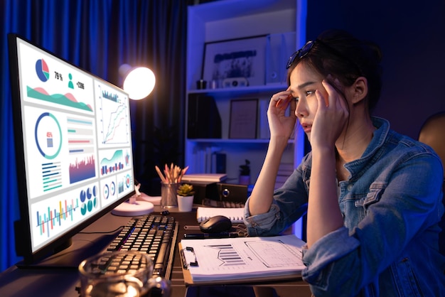 Stressvolle asiatische Kreative, die auf einem PC-Bildschirm schaut, mit Projektentwickler Stratagem