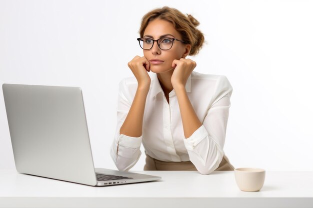 Foto stressvolle geschäftsfrau sitzt im büro und arbeitet an einem computer oder tablet auf weißem hintergrund